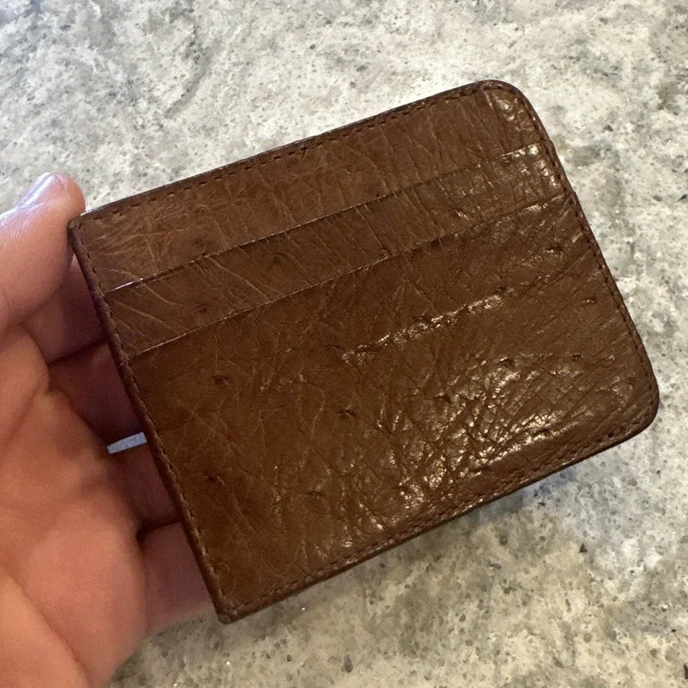 Genuine Brown Ostrich Leather Money Clip Wallet With Credit Card Slots EDC Thin